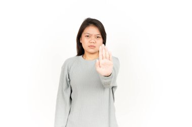 Beyaz arka planda tecrit edilmiş Güzel Asyalı Kadın 'ın Reddedilmiş El Hareketi