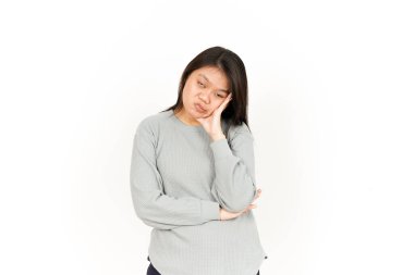 Beyaz arka planda tecrit edilmiş Güzel Asyalı Kadın 'ın Sıkıcı Hareketi