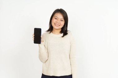 Beyaz Arkaplanda İzole Edilmiş Güzel Asyalı Kadın Boş Akıllı Telefon Ekranında Gösteriliyor