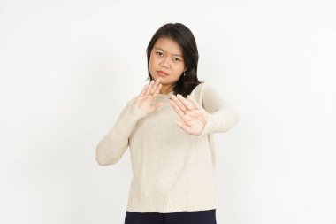 Beyaz arka planda tecrit edilmiş Güzel Asyalı Kadın 'ın Reddedilme Hareketi