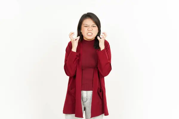 Gesto Irritado Bela Mulher Asiática Vestindo Camisa Vermelha Isolada Fundo — Fotografia de Stock