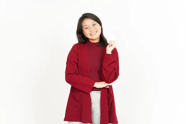 Showing Blank Credit Bank Card Beautiful Asian Woman Wearing Red — Stock Photo, Image