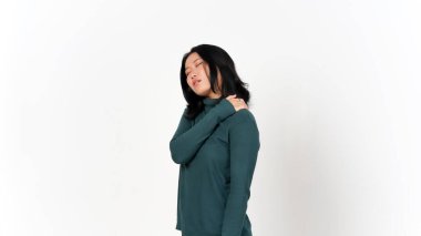 Beyaz arka planda tecrit edilmiş Güzel Asyalı Kadın 'ın Sırtında Acı Duymak