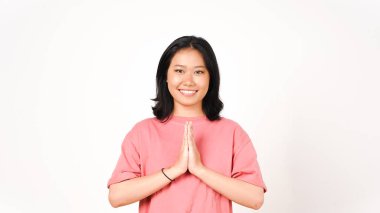 Smiling and doing namaste greeting Of Beautiful Asian Woman Isolated On White Background