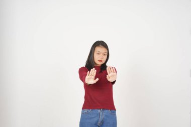 Young Asian woman in Red t-shirt Stop hand gesture, Rejection concept isolated on white background clipart
