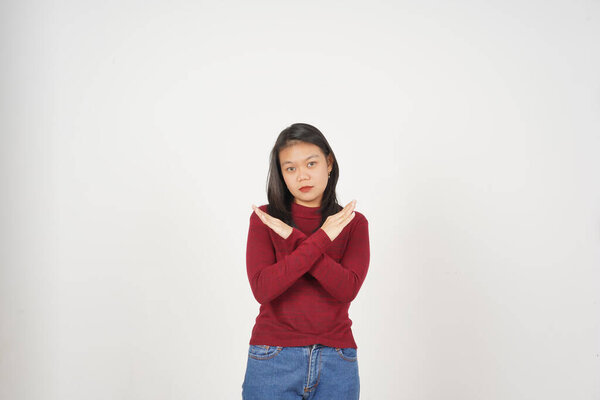 Young Asian woman in Red t-shirt Crossed arms rejection concept isolated on white background