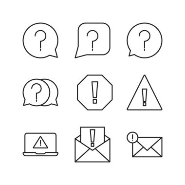 Düzenlenebilir Uyarı ve Soru Simgesi Ayarla, Vektör illüstrasyonu beyaz arkaplanda izole edildi. Sunum, web sitesi veya mobil uygulama için kullanılacak