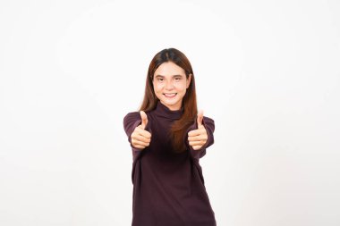 Beyaz arka planda izole edilmiş güzel Asyalı kadının imzalı el hareketi.