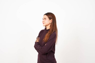 Beyaz arka planda tecrit edilmiş Güzel Asyalı Kadın Kolları çapraz