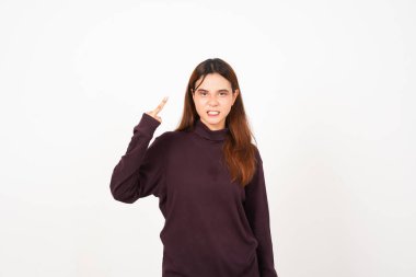 Beyaz arka planda tecrit edilmiş Güzel Asyalı Kadın 'ın Orta Parmağı