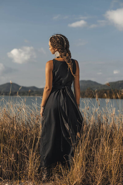 Beautiful Young Stylish Woman Field Sunset Stock Photo