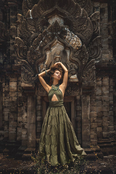 Beautiful Young Woman Elegant Dress Asian Temple Stock Image