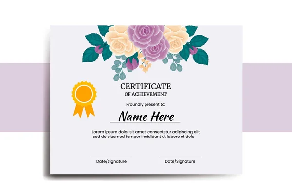Certificate Template Rose Flower Watercolor Digital Hand Drawn — Stock Vector