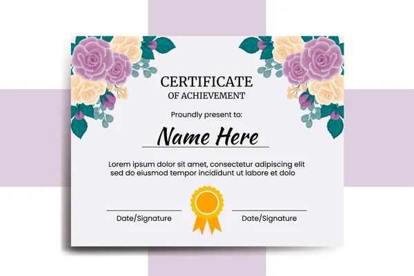 Certificate Template Rose Flower Watercolor Digital Hand Drawn — Stock Vector