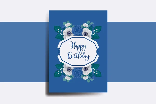 グリーティングカード誕生日カードデジタル水彩手描きブルーローズフラワーデザインテンプレート — ストックベクタ