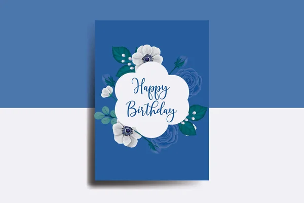 グリーティングカード誕生日カードデジタル水彩手描きブルーローズフラワーデザインテンプレート — ストックベクタ
