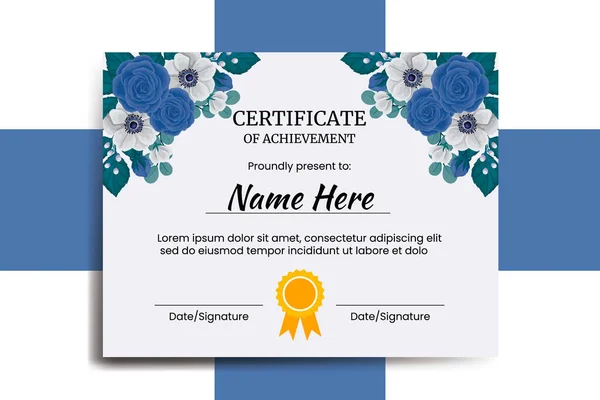 Πρότυπο Πιστοποιητικού Μπλε Τριαντάφυλλο Λουλούδι Ακουαρέλα Ψηφιακό Χέρι Που — Διανυσματικό Αρχείο