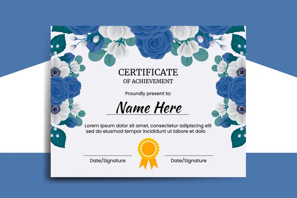 Certificaat Template Blue Rose Bloem Aquarel Digitale Hand Getekend — Stockvector