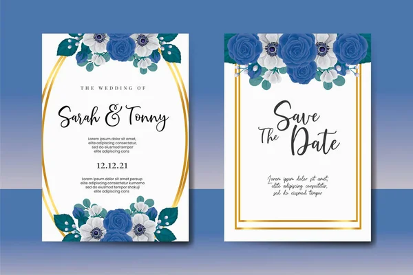 Wedding Invitation Frame Set Floral Watercolor Digital Hand Drawn Blue — Stock Vector