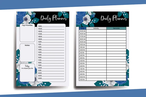 Planner List Blue Rose Flower Design Template — Stock Vector