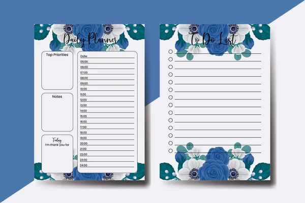 Planejador Para Fazer Lista Azul Rose Flower Design Template — Vetor de Stock