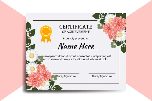 Certificate Template Dahlia Flower Watercolor Digital Hand Drawn — Stock Vector