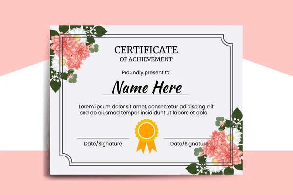 Modèle Certificat Dahlia Fleur Aquarelle Numérique Dessiné Main — Image vectorielle