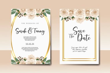 Düğün davetiyesi seti, çiçekli suluboya el Kamelya çiçek tasarımı davetiye şablonu