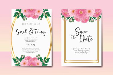 Düğün davetiyesi çerçevesi seti, çiçekli suluboya el Peony Flower tasarım Davetiye Şablonu
