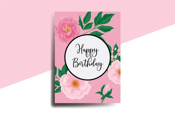 グリーティングカード誕生日カードデジタル水彩手描き牡丹の花デザインテンプレート — ストックベクタ