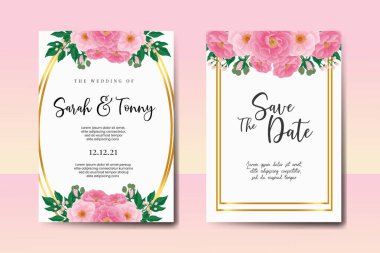 Düğün davetiyesi çerçevesi seti, çiçekli suluboya el Peony Flower tasarım Davetiye Şablonu