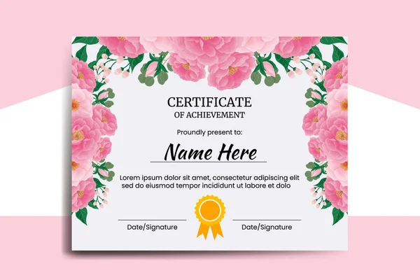 Certificate Template Peony Flower Watercolor Digital Hand Drawn — Stock Vector