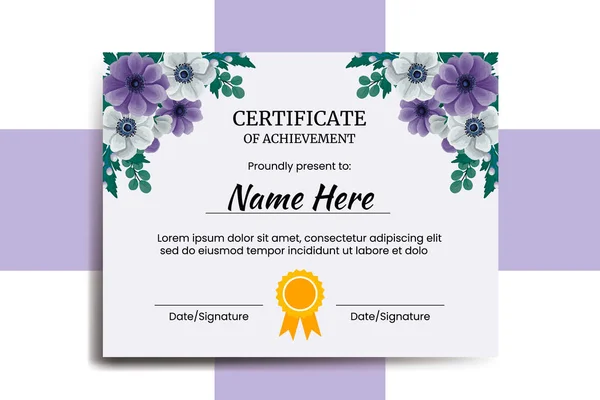 Modèle Certificat Anémone Fleur Aquarelle Numérique Dessiné Main — Image vectorielle