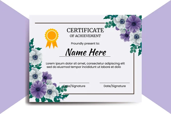 Certificate Template Anemone Flower Watercolor Digital Hand Drawn — Stock Vector