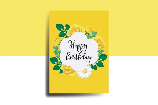 グリーティングカード誕生日カードデジタル水彩手描きイエローローズフラワーデザインテンプレート — ストックベクタ