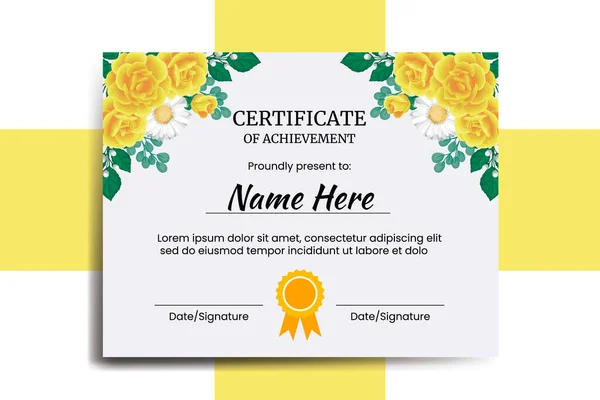 Modelo Certificado Amarelo Rosa Flor Aquarela Digital Mão Desenhada — Vetor de Stock
