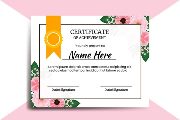Certificate Template Zinnia Peony Flower Watercolor Digital Hand Drawn — Stock Vector