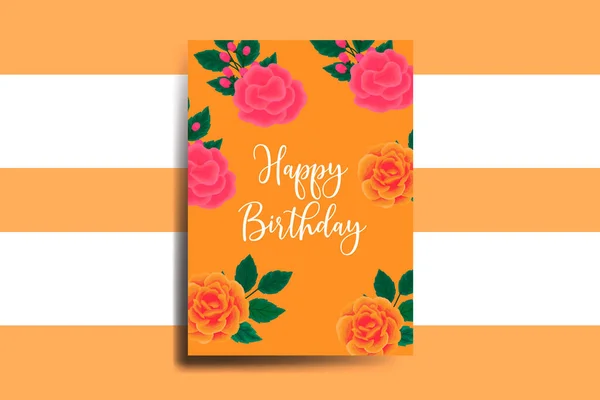 グリーティングカード誕生日カードデジタル水彩手描きオレンジローズフラワーデザインテンプレート — ストックベクタ