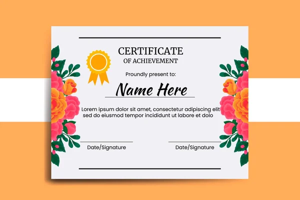 Plantilla Certificado Naranja Rosa Flor Acuarela Digital Dibujado Mano — Vector de stock