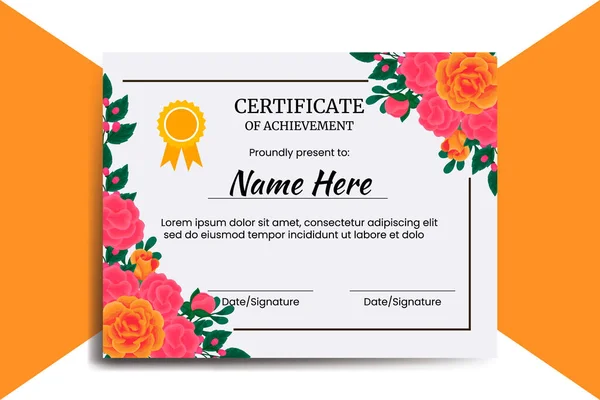 Templat Sertifikat Bunga Mawar Oranye Warna Air Tangan Digital Digambar - Stok Vektor