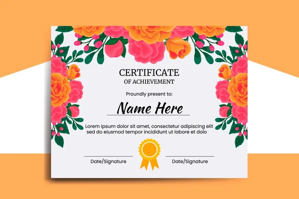 Tanúsítvány Sablon Orange Rose Flower Akvarell Digitális Kézzel Rajzolt — Stock Vector