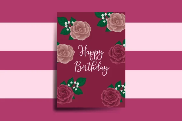 グリーティングカード誕生日カードデジタル水彩手描きマルーンローズフラワーデザインテンプレート — ストックベクタ