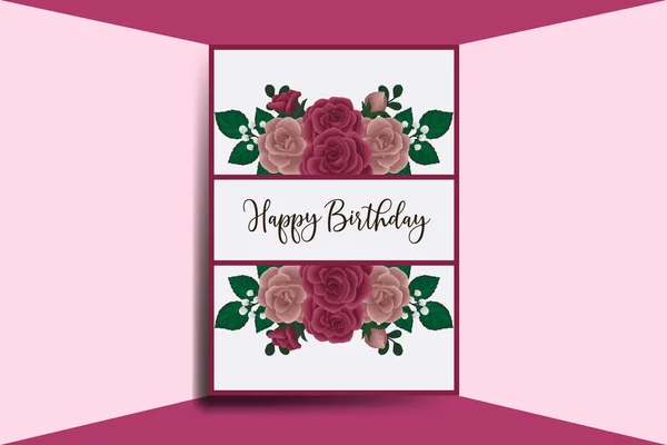 グリーティングカード誕生日カードデジタル水彩手描きマルーンローズフラワーデザインテンプレート — ストックベクタ