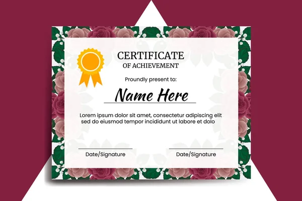 Certificate Template Maroon Rose Flower Watercolor Digital Hand Drawn — Stock Vector