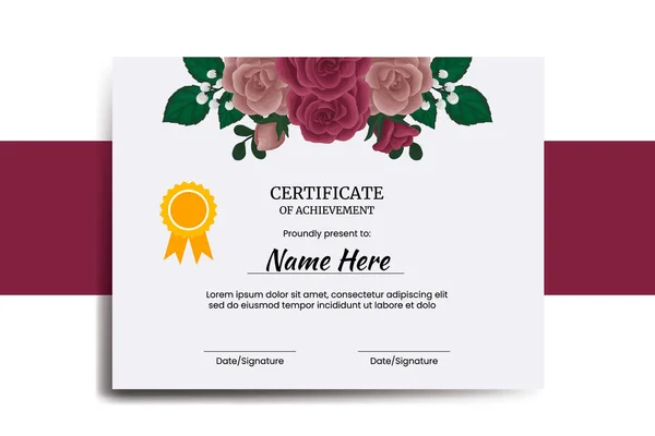 Šablona Certifikátu Maroon Rose Flower Akvarel Digitální Ručně Kreslené — Stockový vektor