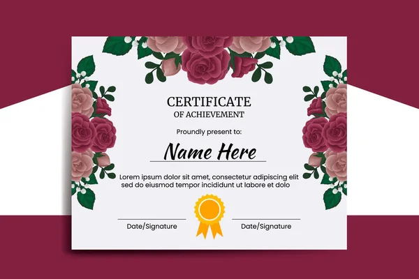 Modelo Certificado Maroon Rose Flower Aquarela Digital Mão Desenhada — Vetor de Stock