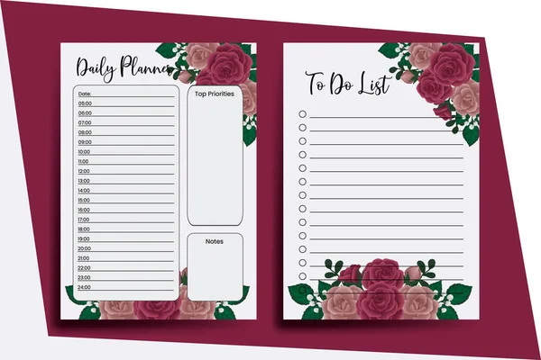 Planner List Maroon Rose Flower Design Sjabloon — Stockvector