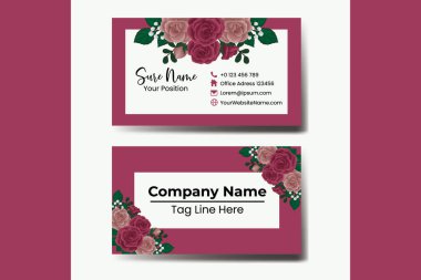 Kart Şablonu Maroon Rose. Çift taraflı Mavi Renkler. Düz Tasarım Vektör Çizimi. Kırtasiye Tasarımı