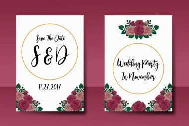 Düğün davetiyesi seti, çiçekli suluboya el Maroon Rose çiçek tasarımı davetiye şablonu