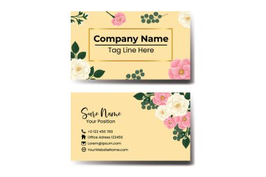 İş Kartı Şablonu Mini Gül Çiçeği. Çift taraflı Mavi Renkler. Düz Tasarım Vektör Çizimi. Kırtasiye Tasarımı